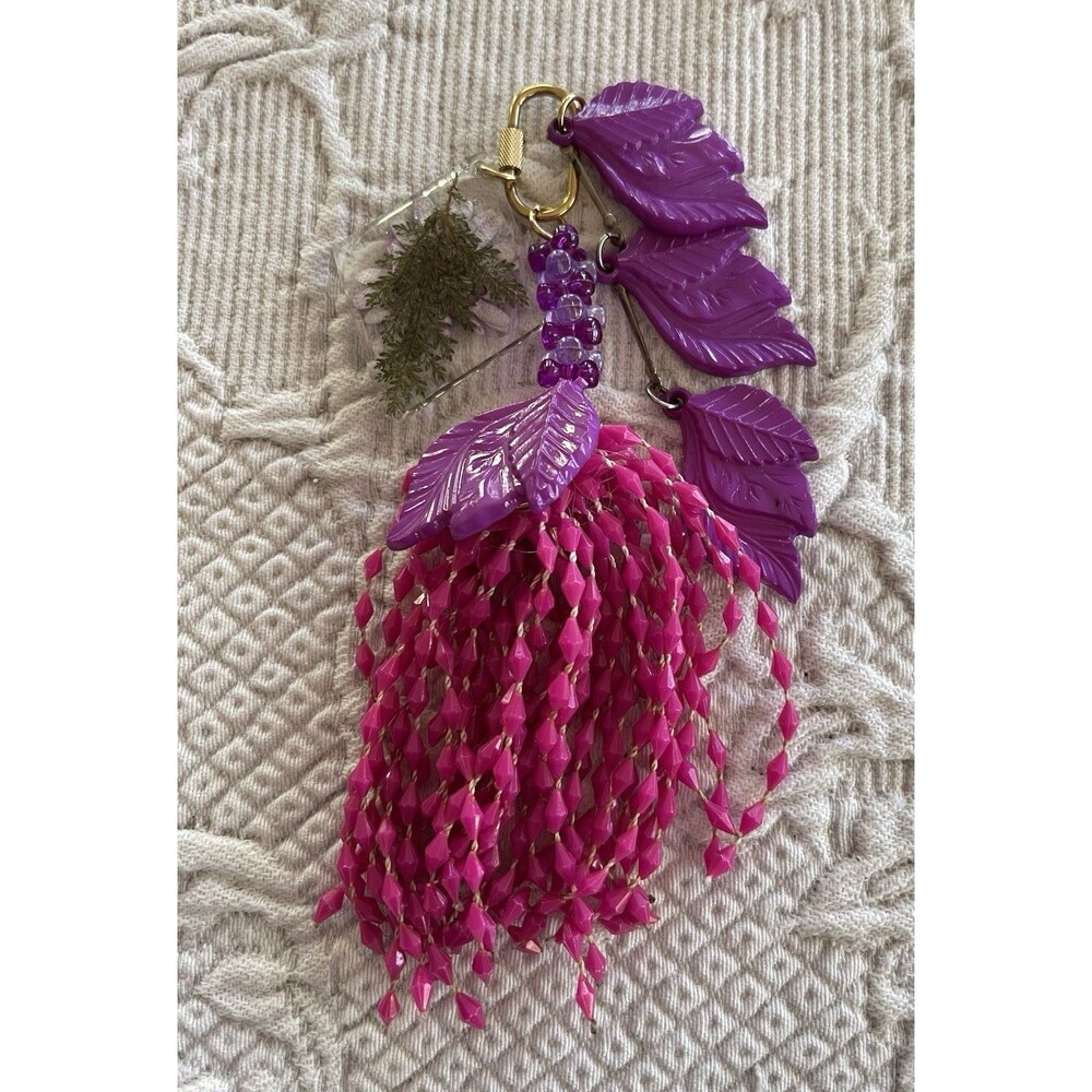 Bag Charm Purple Leaf w Long Pink Beads & Resin Flower Charm Botantical